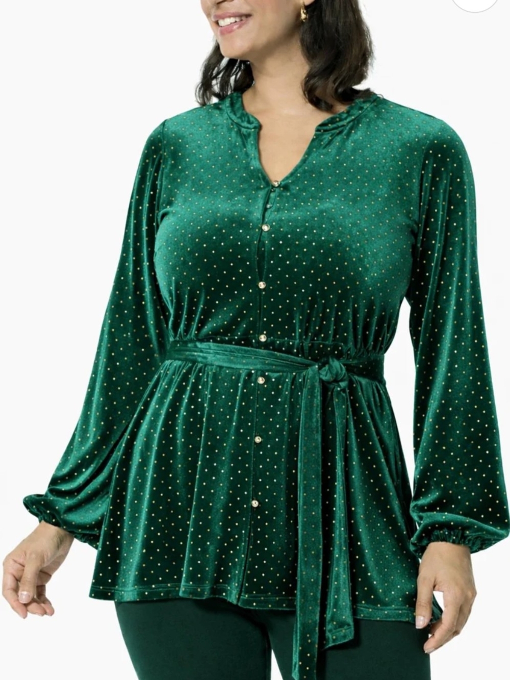 Colleen Lopez Women's Green Velvet Studded Belted Tunic Blouse Size XX-Small